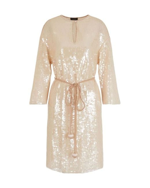 Emporio Armani Natural Long-Sleeved Sequined Dress