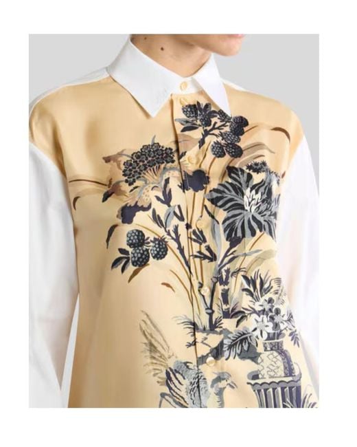 Etro Metallic Cotton And Silk Shirt With Placed Floral Print On The Front