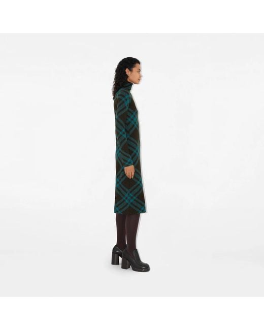 Burberry Green Checkered Mock-Neck Shift Dress