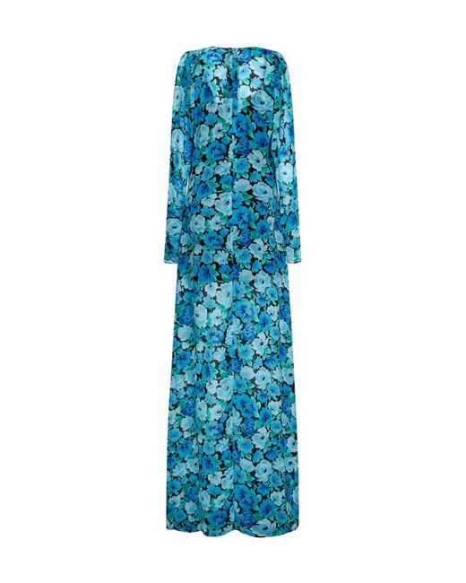 ROTATE BIRGER CHRISTENSEN Blue Ibiza Long Floral Printed Chiffon Dress