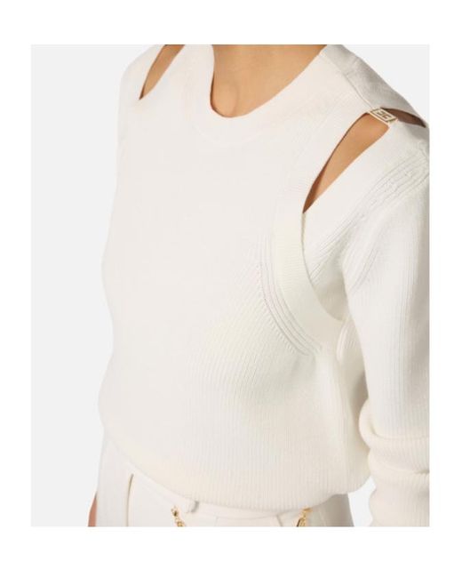 Elisabetta Franchi White Cut-Out Shoulder-Plaque Sweater