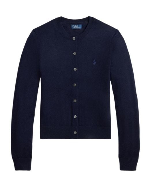 Polo Ralph Lauren Blue Crewneck Embroidered-Logo Wool Cardigan