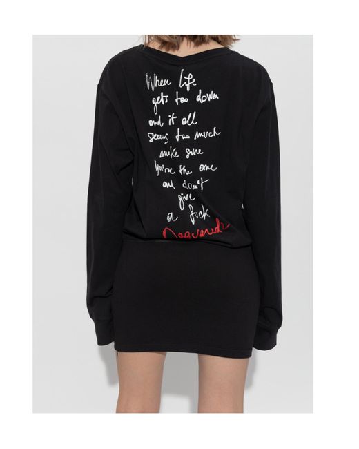 DSquared² Black Slogan Printed Long-Sleeved Mini Dress