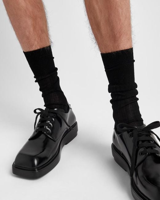 Prada Black Brushed Leather Derby Shoes for men