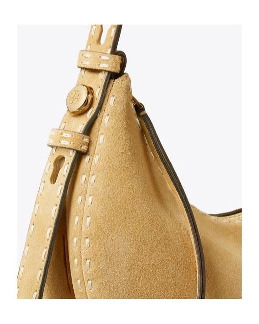 Tory Burch Metallic Romy Suede Pick Stitch Half Moon Bag