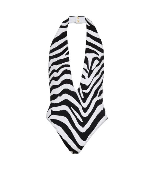 Balmain White Zebra One-Piece Swimsuit