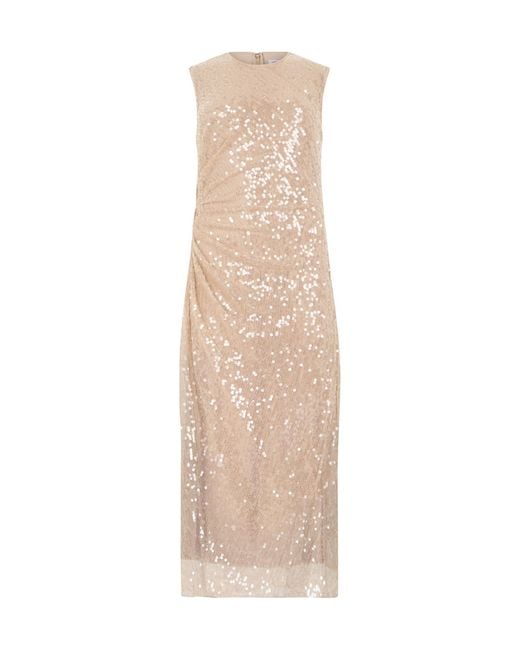 Veronica Beard Natural Ruched Sequin Midi Dress