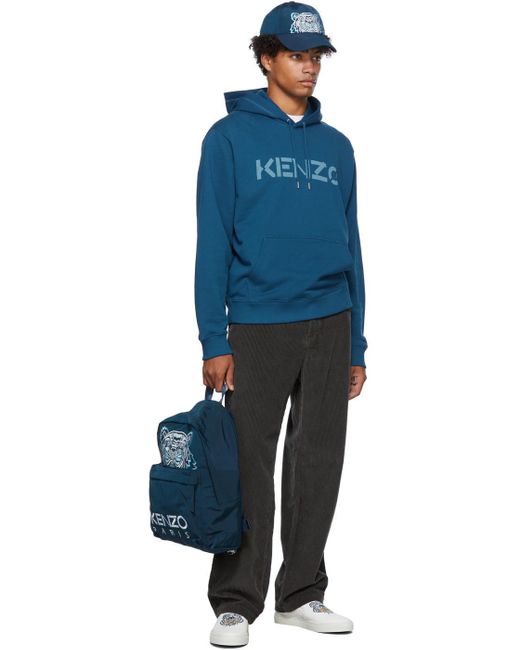 KENZO Blue Logo-Print Cotton Hoodie for men