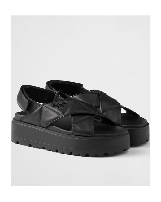 Prada Black Nappa Leather Crisscross Flatform Sandals