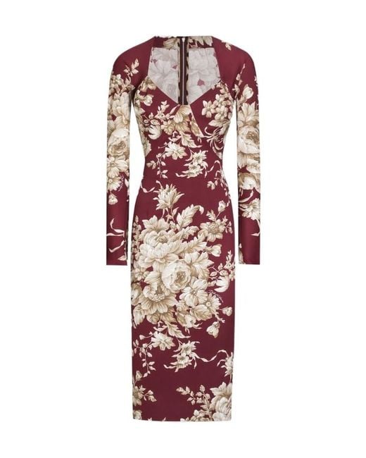Dolce & Gabbana Red Floral-Print Long-Sleeve Midi Dress