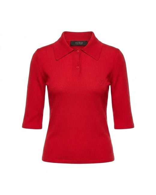 Gucci Red Fine Stretch Knit Silk Polo Shirt