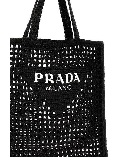 Prada Black Logo Printed Woven Tote Bag