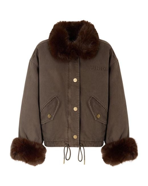 Pinko Brown Cotton Pea Coat With Faux Fur Details