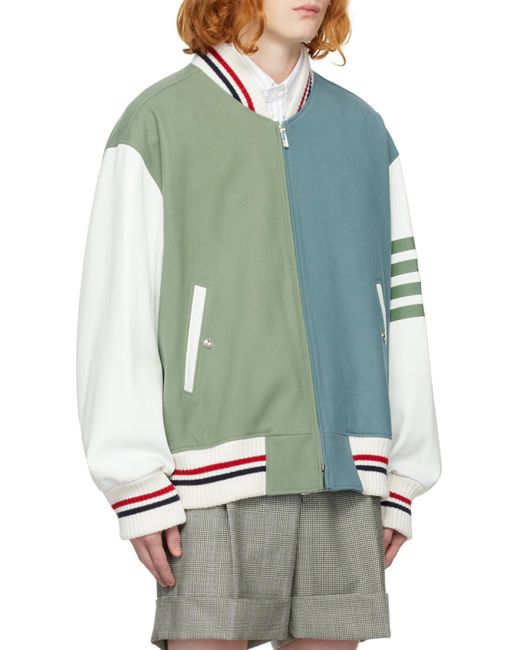 Thom Browne Green Colour-Block Wool Bomber Jacket for men