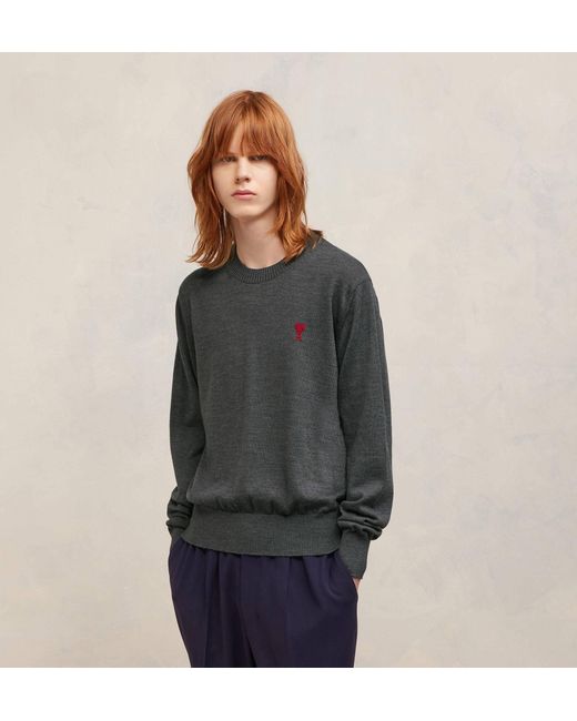 AMI Gray Ami De Coeur Logo Embroidered Crewneck Jumper for men