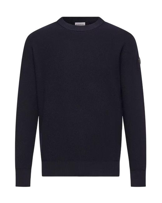 Moncler Blue Leather Logo Wool Sweater for men