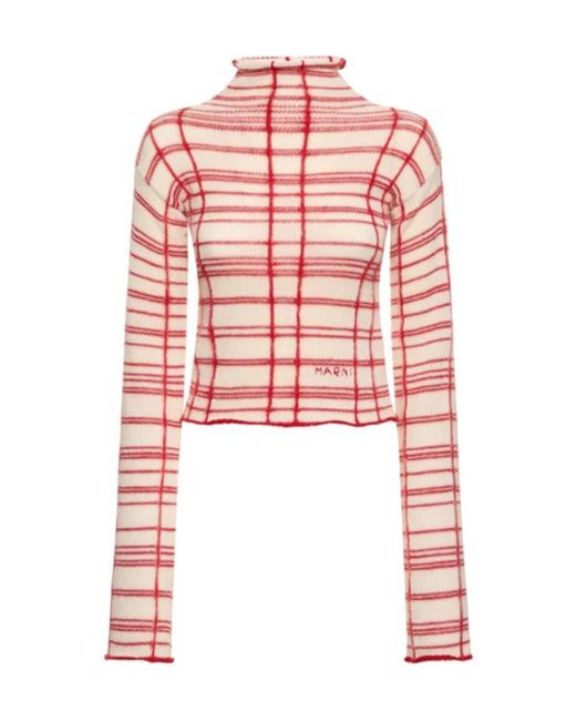 Marni Red Checked Wool Blend Turtleneck Sweater