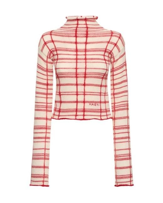 Marni Red Checked Wool Blend Turtleneck Sweater