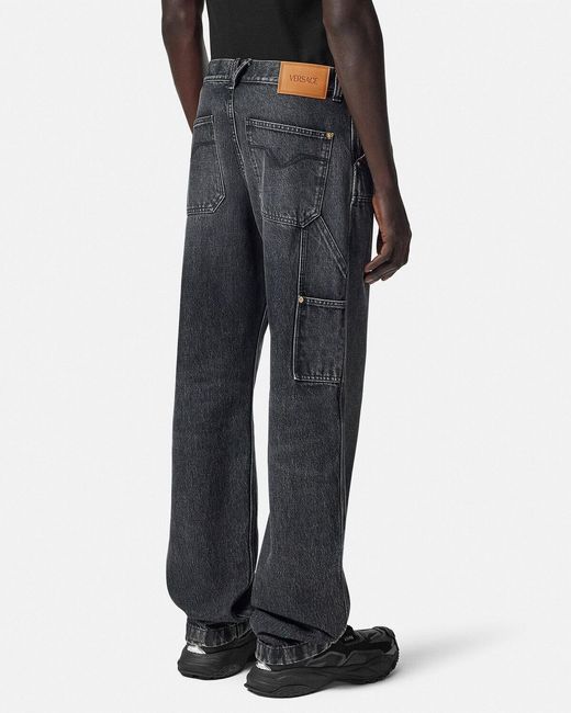 Versace Blue Logo-Patch Patchwork-Designed Jeans for men