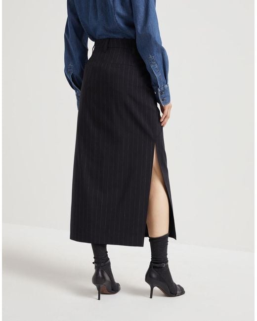 Brunello Cucinelli Blue Pinstripe Tailored Midi Skirt