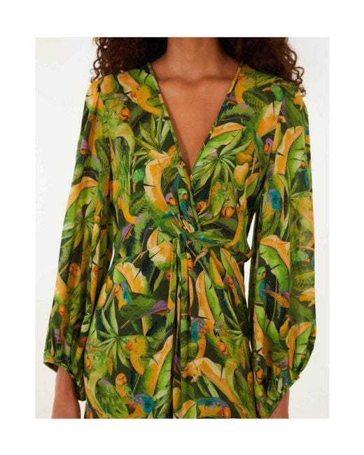 Farm Rio Green Parrot-Print Gathered-Waist Midi Dress