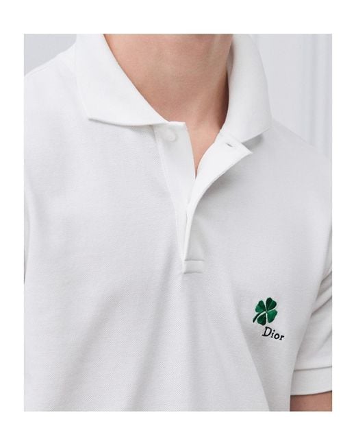 Dior White Polo Shirt With Clover Embroidery for men