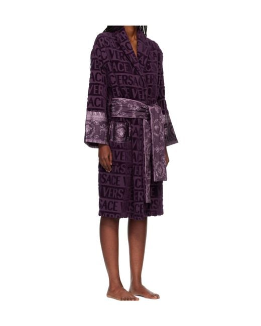 Versace Purple Logo-Print Belted Bathrobe for men