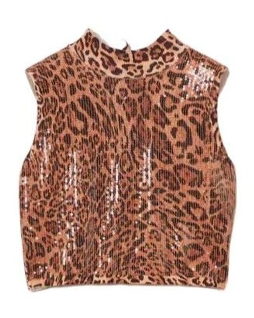 Twinset Brown Leopard-Print Sequin-Embellished Top