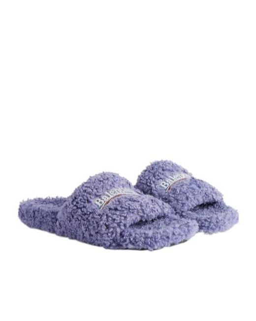 Balenciaga Purple Furry Logo Embroidered Sandals