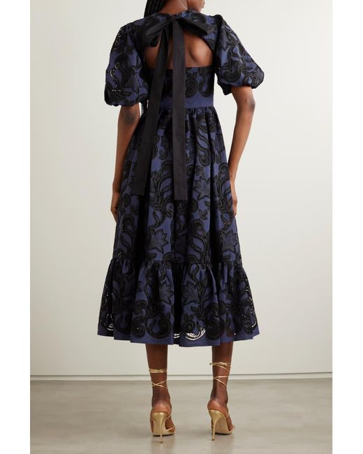 Erdem Blue Open-Back Pleated Broderie Anglaise Voile Midi Dress