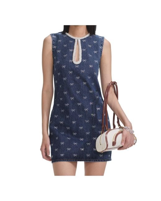 Self-Portrait Blue Crystal-Bow Denim Mini Dress