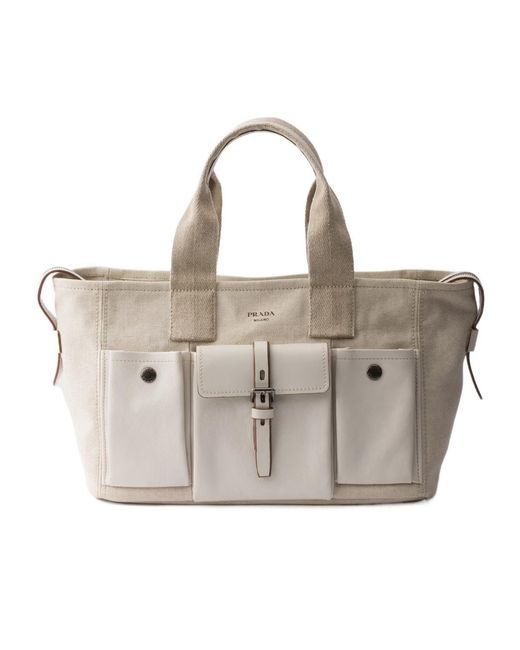 Prada Natural Route Large Canvas And Leather Tote Bag