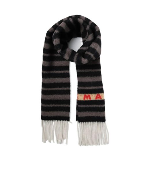 Marni Black Striped Logo Intarsia Fringed Scarf