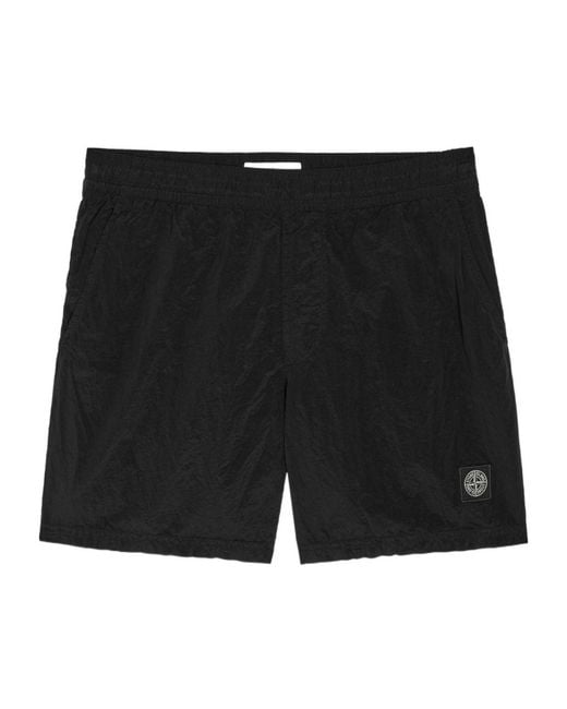 Stone Island Black Logo Crinkled Nylon Swim Shorts for men
