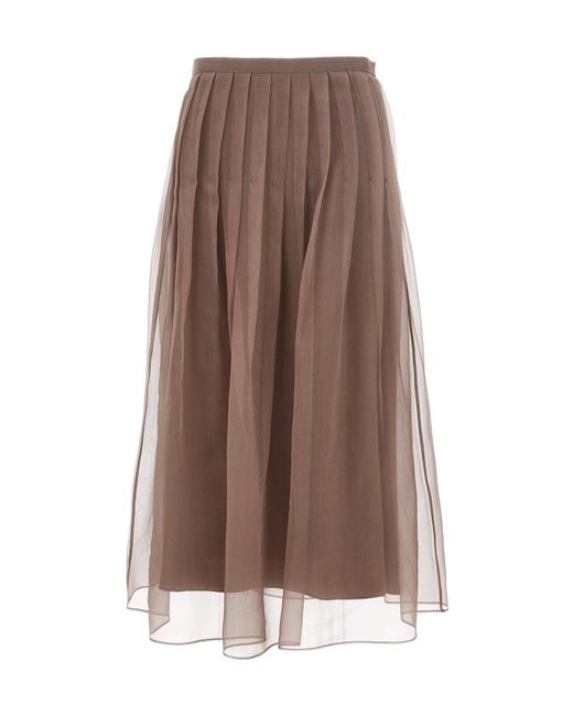 Brunello Cucinelli Brown Pleated Silk Skirt