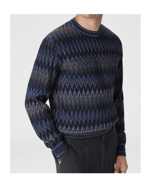 Missoni Blue Crew Neck Sweater With 3D Zigzag Pattern for men