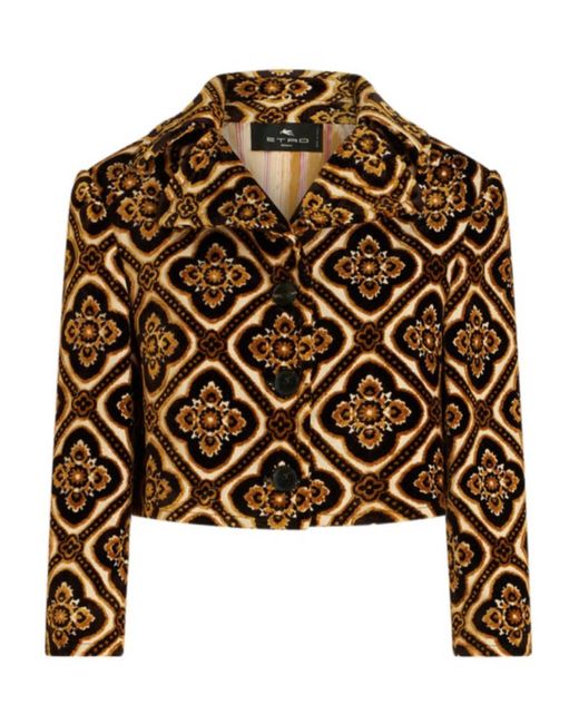 Etro Brown Geometric-Printed Buttoned Cropped Jacket