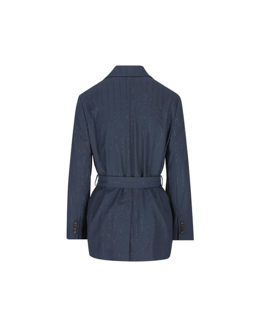 Brunello Cucinelli Blue Belted Chalkstripe Blazer