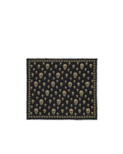 McQueen Black Skull-Print Fringed Scarf for men