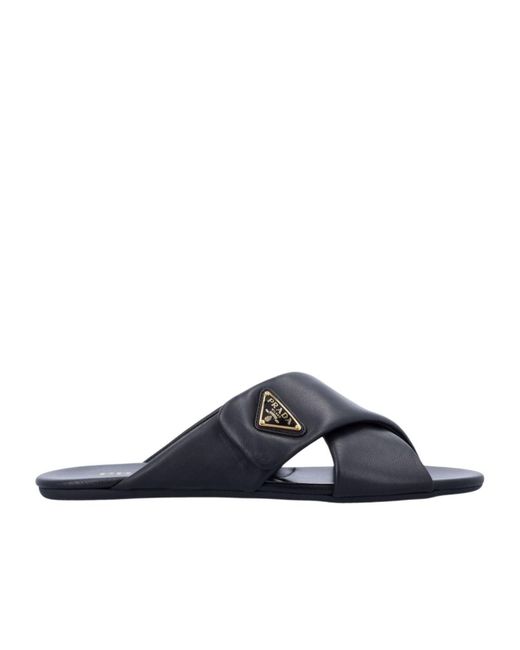 Prada Blue Triangle-Logo Padded Slides