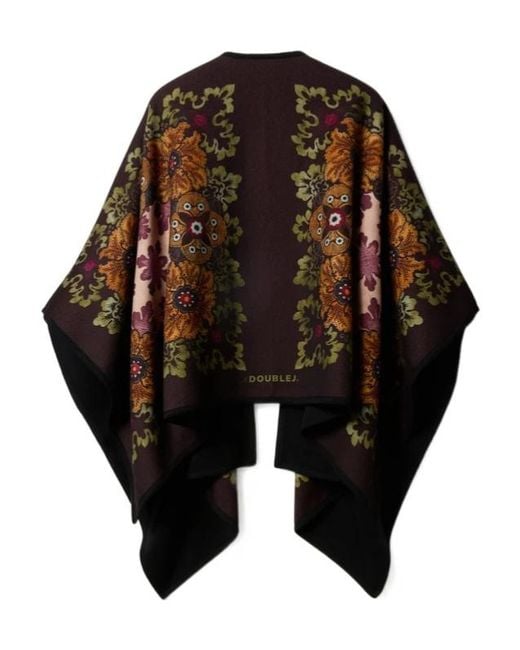 LaDoubleJ Black Floral-Patterned Wool Cape