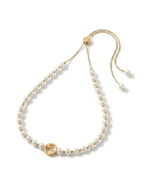 Gucci White Logo Plaque Pearl Detailed Necklace