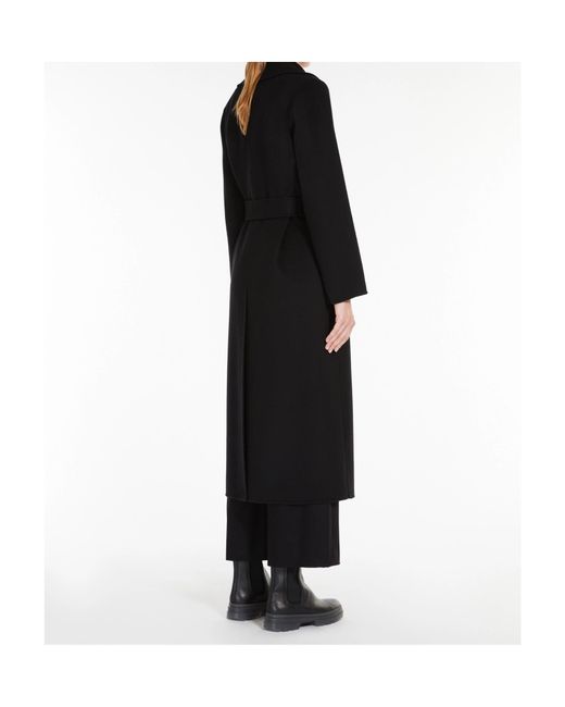 Max Mara Black Hand-Sewn Double-Drape Pure Wool Belted Jacket With Lapel Collar & Silk-Lined Sleeves