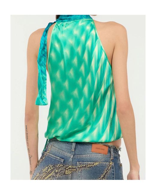 Roberto Cavalli Green Graphic-Print Silk Top