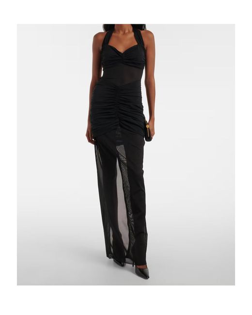 Alessandra Rich Black Ruched Sheer Mesh Maxi Dress