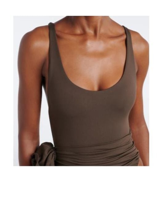Magda Butrym Brown Floral-Appliqué Draped Swimsuit