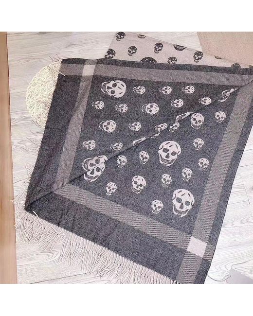 McQueen Black Skull Print Fringed Scarf