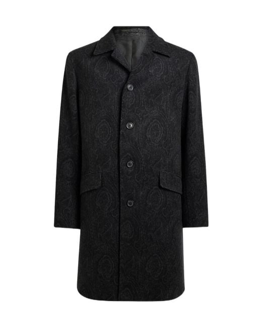 Etro Black Wool And Cashmere Jacquard Coat With Arnica Motif for men