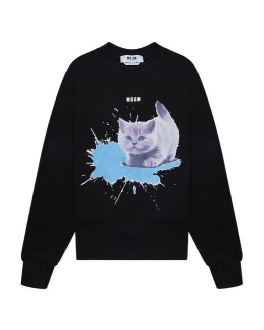 MSGM Blue Kitten Printed Round-Neck Sweater