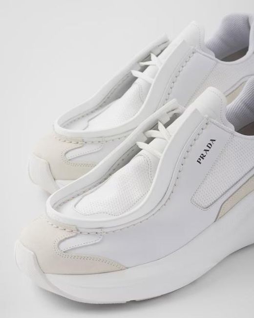 Prada White Brushed Leather Sneakers With Bike Fabric And Suede Elements for men